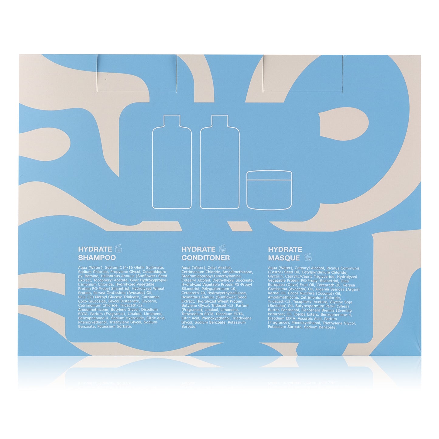 Luna Moisture Lock Trio haircare set packaging on a blue and white abstract background - holiday gift set 2025 - hydrate shampoo, hydrate conditioner and hydrate masque